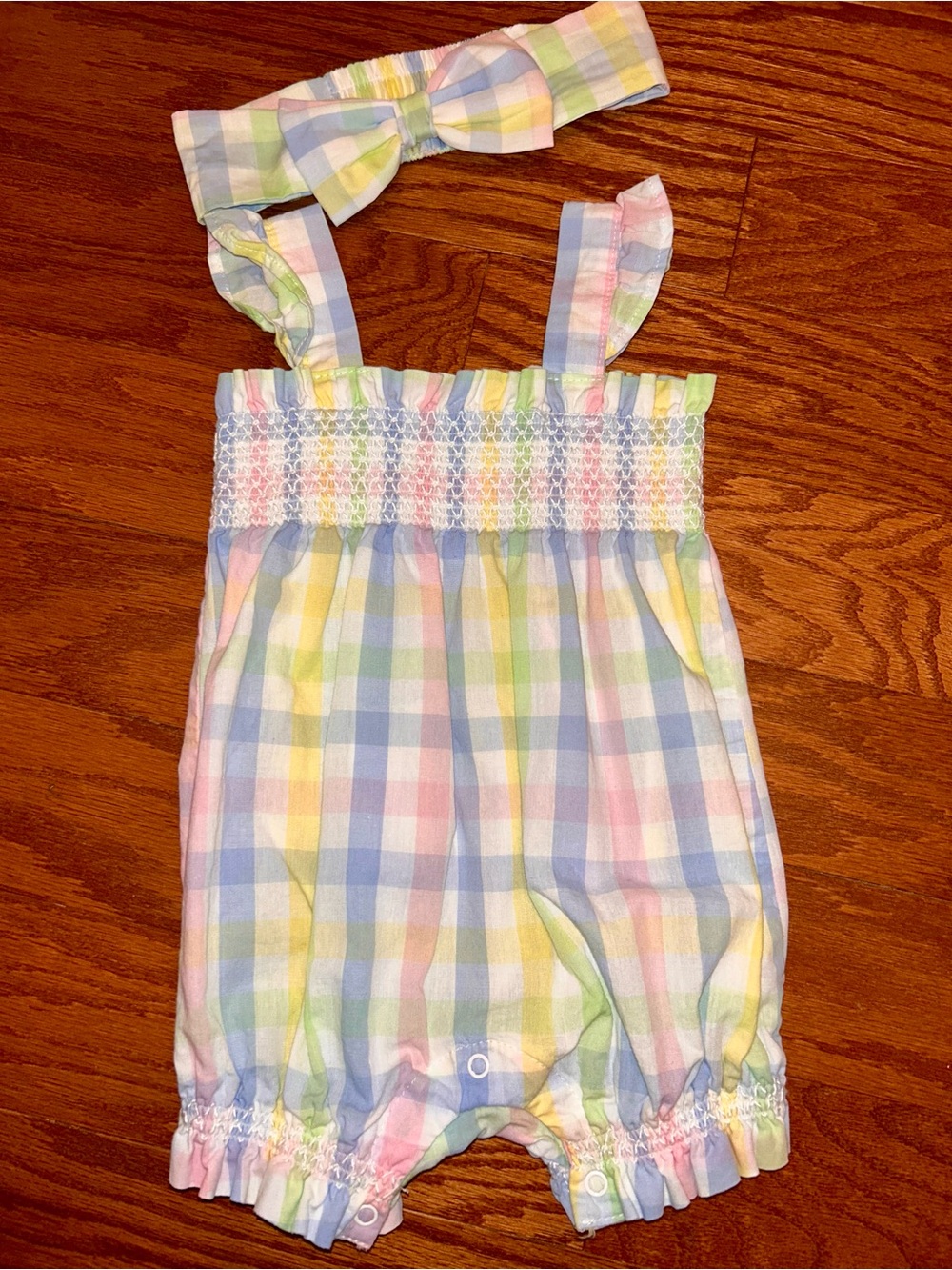 Pastel Plaid Smocked Baby Romper with Headband 6M